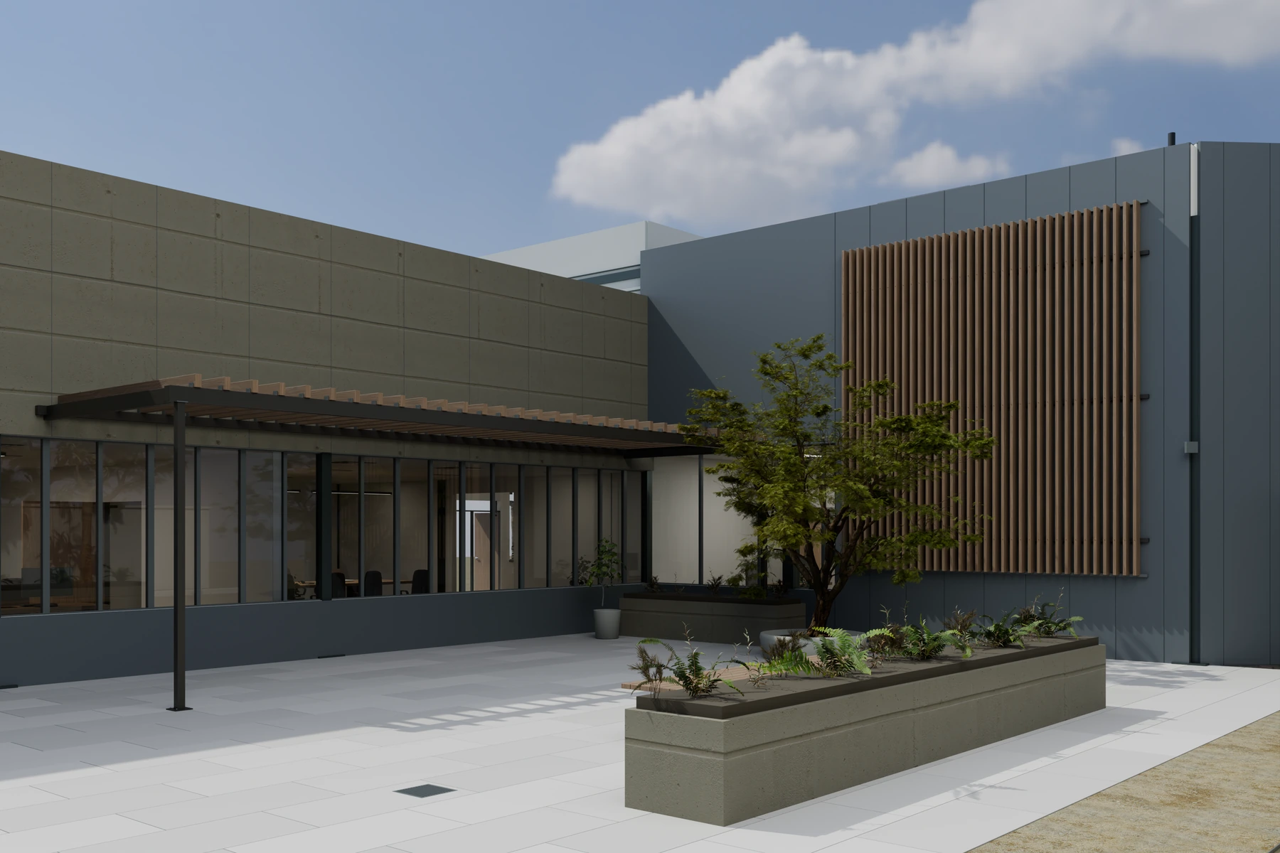 Courtyard office exterior with planted edges and a covered outdoor area