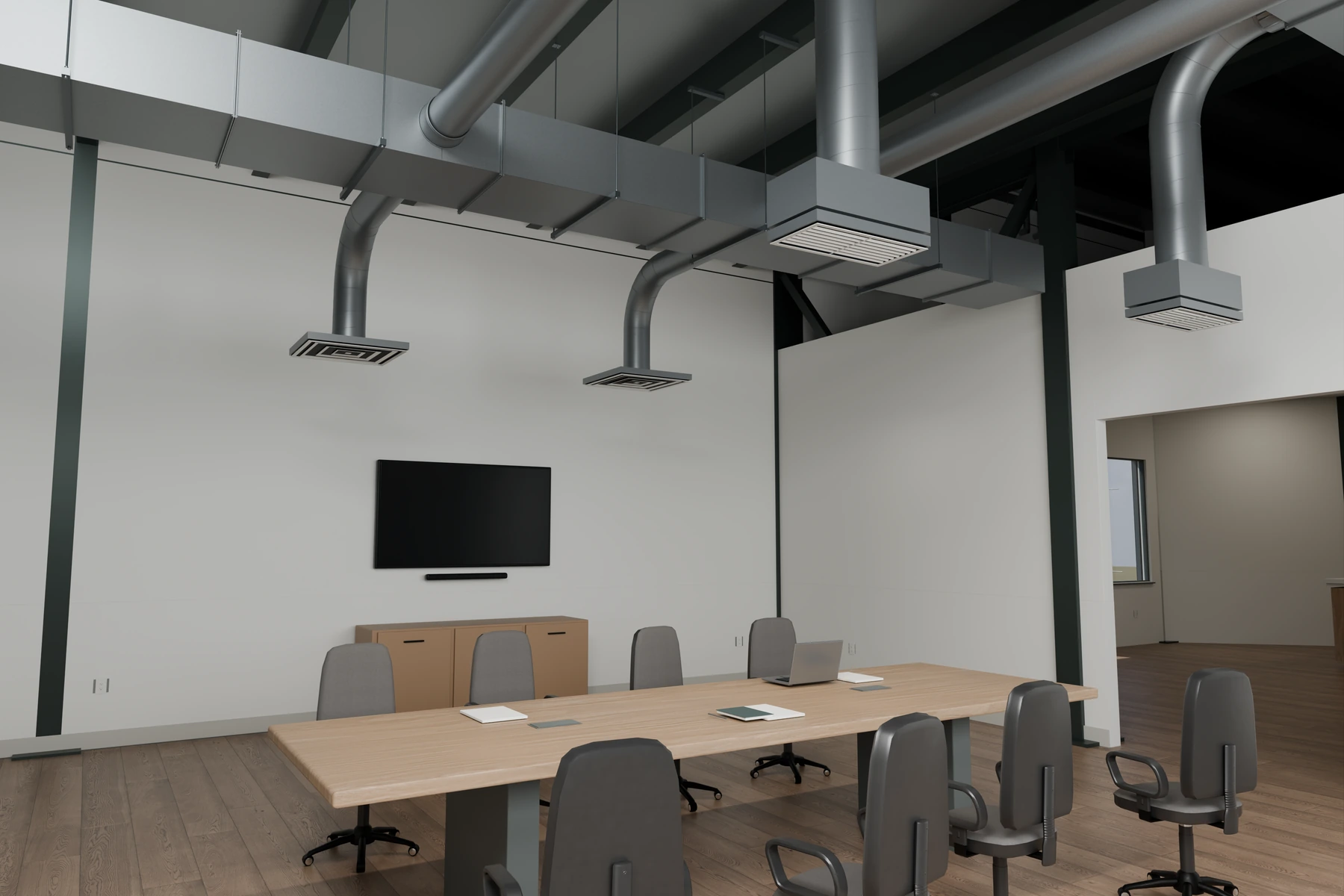 Meeting room model with the ceiling removed to show ducts, diffusers, hangers and structural framing