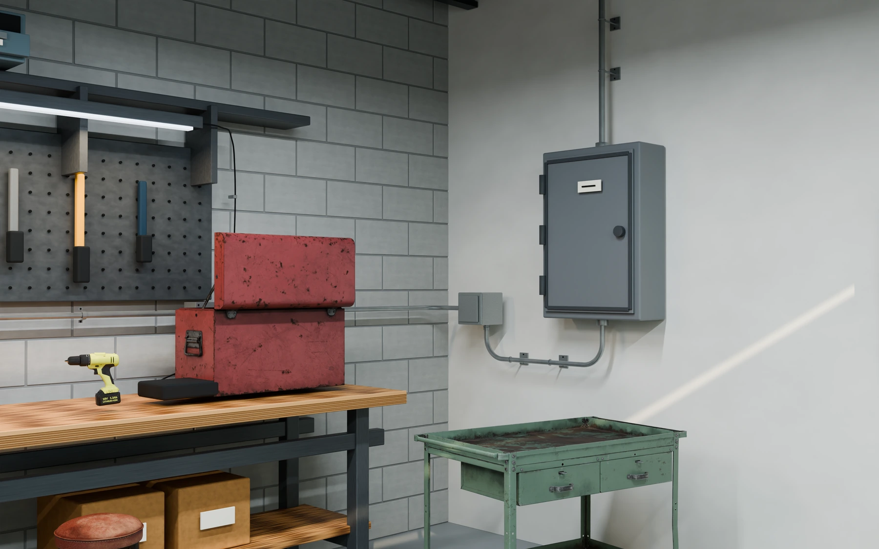 Workshop lighting and power detail with panel enclosure and conduit routing