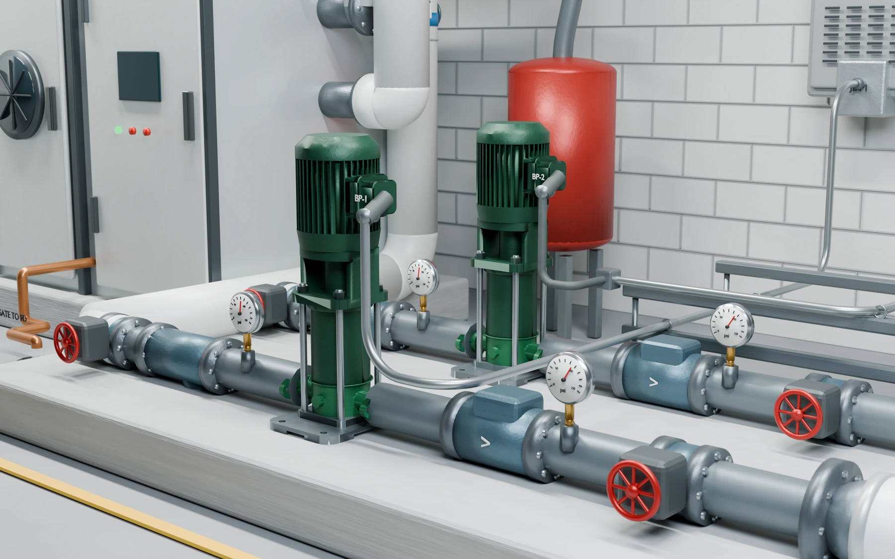Pump and piping detail with supported connections and adjacent equipment