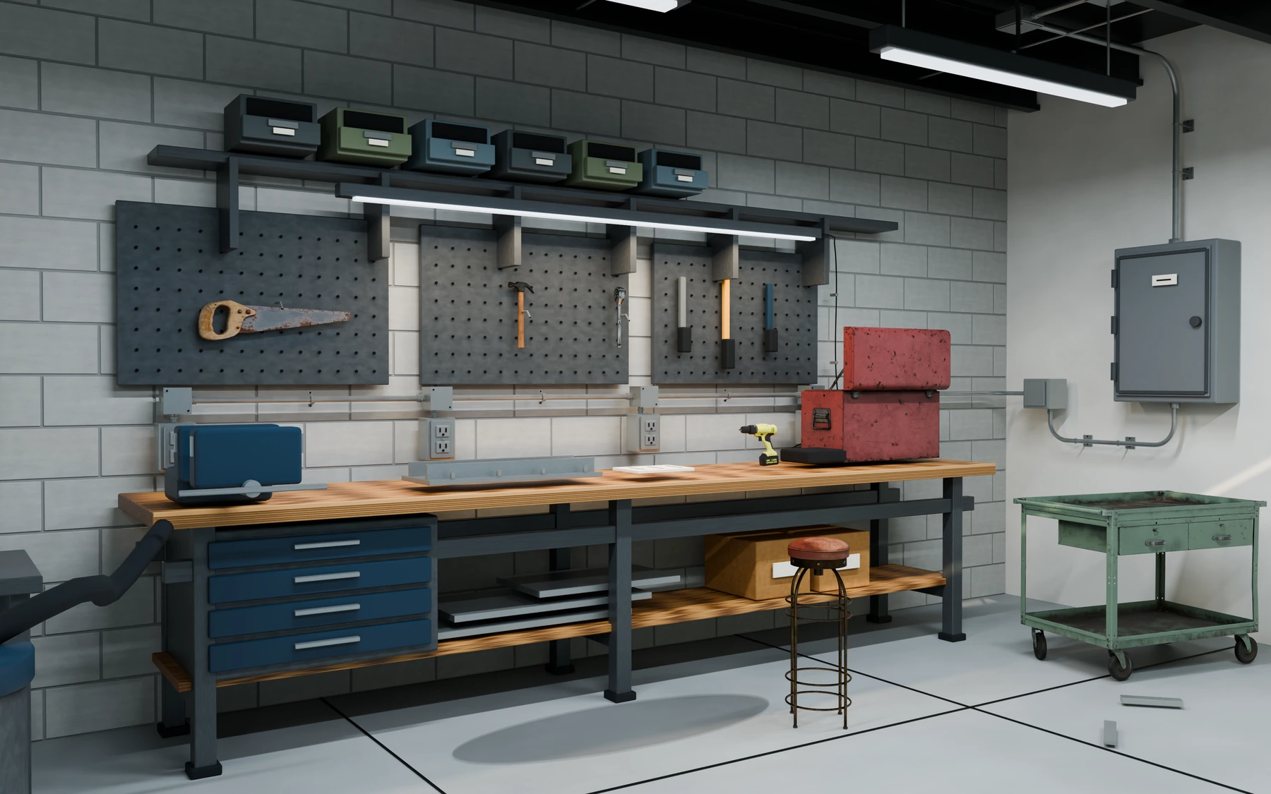 Workshop interior with tools, benches, storage, and overhead lighting
